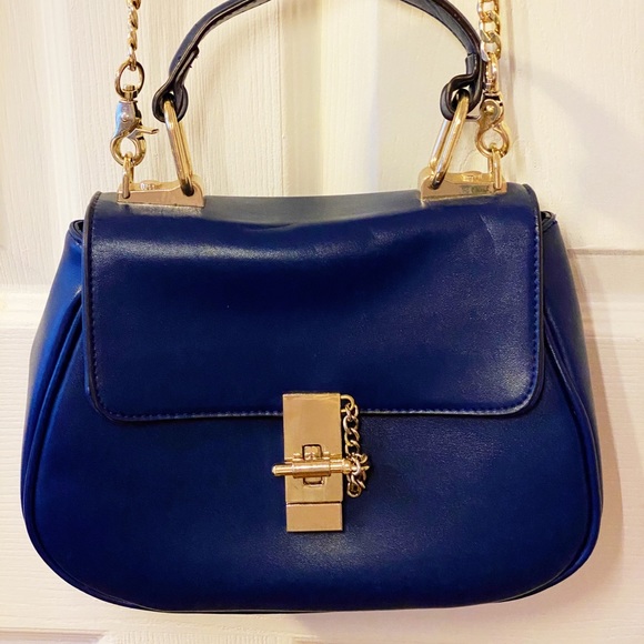 Dark Blue Leather Purse with Gold Strap - Picture 1 of 13
